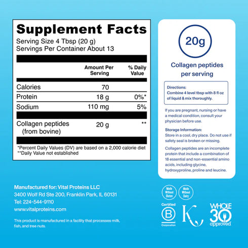 Vital Proteins Bovine Collagen Peptides Unflavored Powder, Dietary Supplement